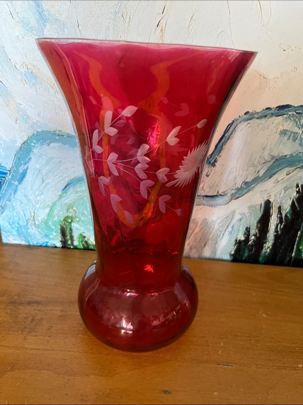 Vintage Ruby Red Floral Etched Glass Vase RARE